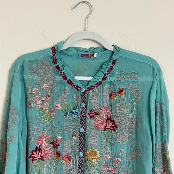 Johnny Was Women's Embroidered Teal Top - Picture 2 of 12